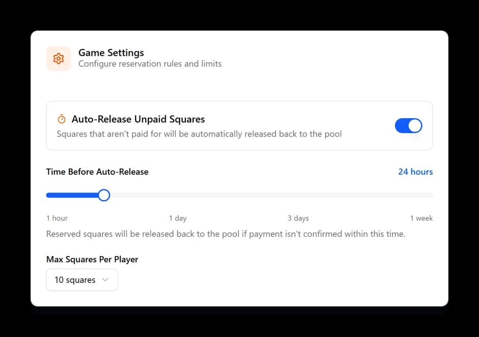 The Game Settings card, with a toggle for auto-releasing unpaid squares, a slider for the time limit set to 24 hours, and a maximum squares per player selector.