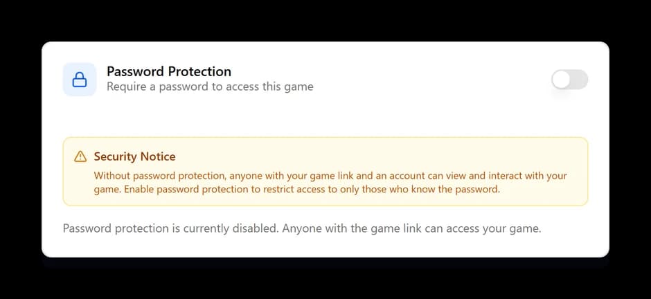 The Password Protection settings card, with a toggle to require a password and fields to set and confirm it.