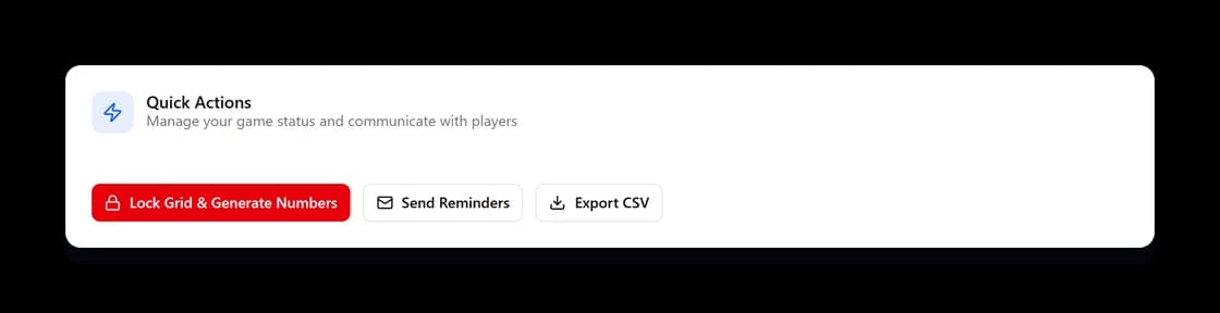 The Quick Actions panel with buttons to lock the grid and generate numbers, send reminders, and export a CSV.